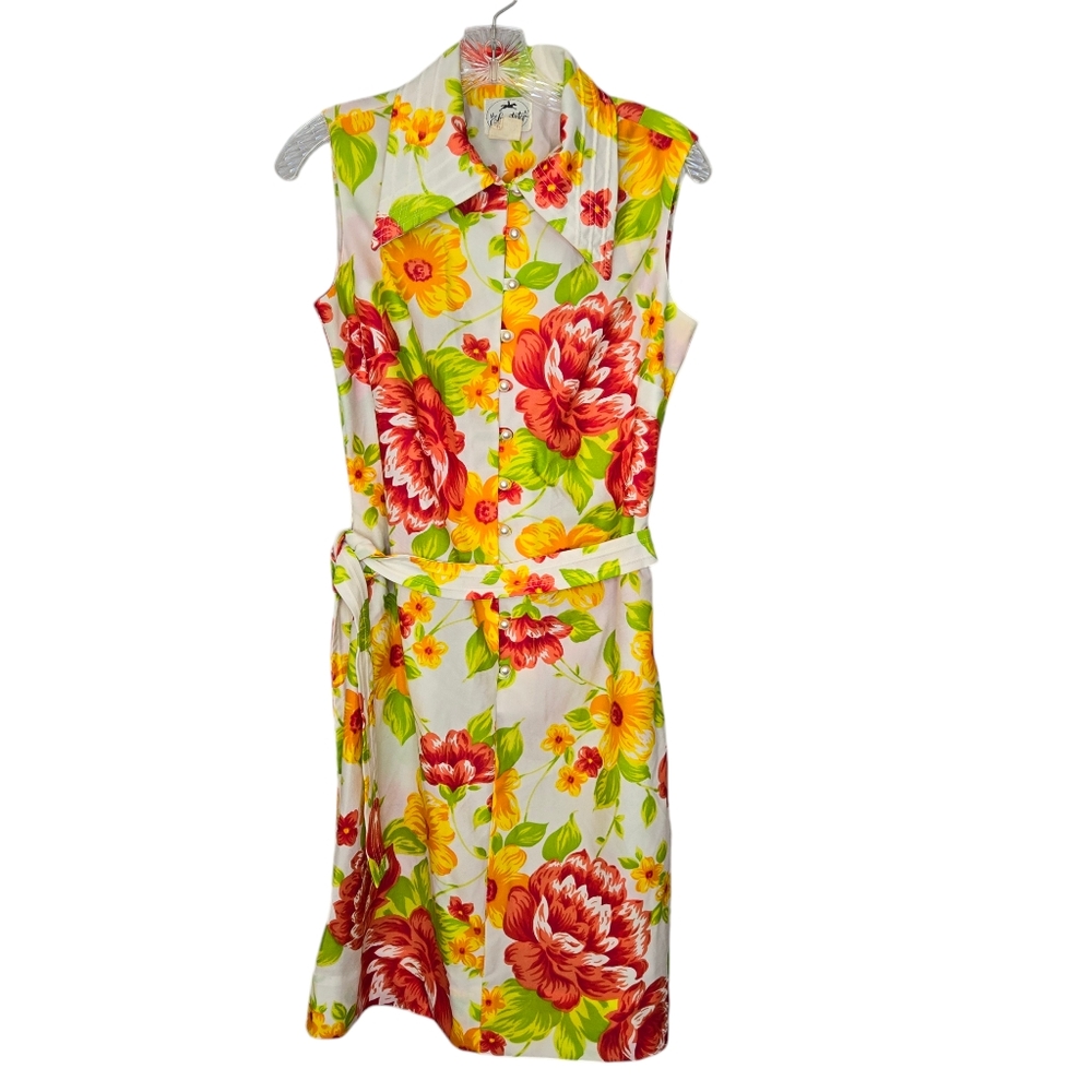 Sleeveless Floral Shirt Dress in White with Red & Yellow Blooms